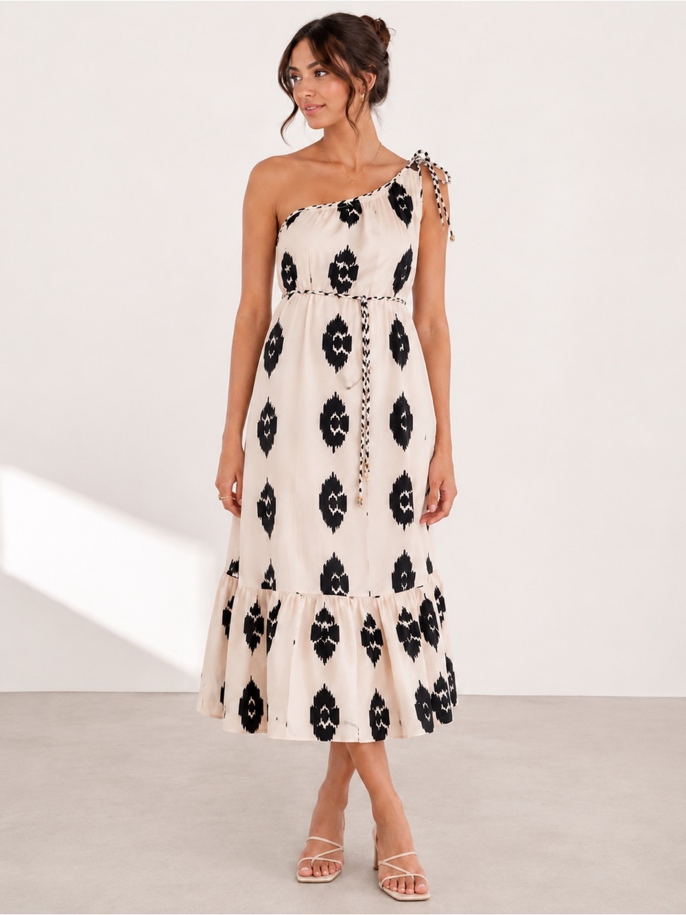 PrettyGarden One Shoulder Maxi/Midi Dress Small Cream Black‎ Boho Resort